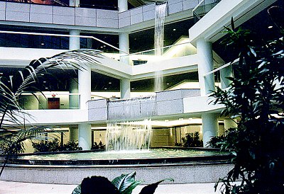 The dramatic entrance lobby waterfall at 200 Summit Lake. Courtesy of Reckson Associates Realty Corp., with modifications by Michael R. Tomkins.