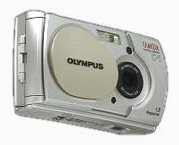 Olympus' Camedia  C-1 digital camera, lower front right quarter view. Courtesy of Olympus Japan.