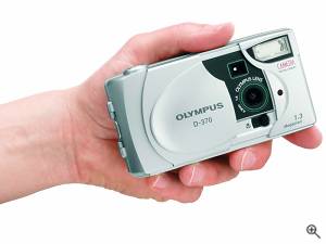 Olympus' D-370 digital camera, shown in-hand for scale.  Courtesy of Olympus America Inc. Click for a bigger picture!