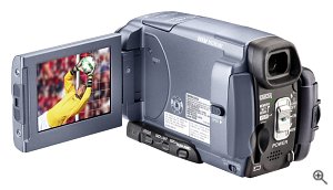 Sony's Handycam DCR-IP55 camcorder, rear view. Courtesy of Sony Electronics, with modifications by Michael R. Tomkins. Click for a bigger picture!