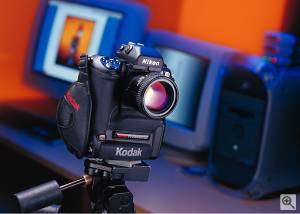 Kodak's DCS 760 digital camera, shown on tripod. Courtesy of Eastman Kodak Co. Click for a bigger picture!