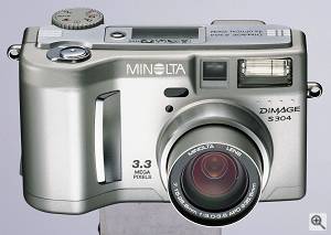 Minolta's DiMAGE S304 digital camera, front view. Courtesy of Minolta. Click for a bigger picture!