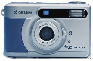 Kyocera's EZ Digital 1.3 digital camera, front  view. Courtesy of Kyocera Optics Inc. with modifications by Michael R. Tomkins. Click for a bigger picture!
