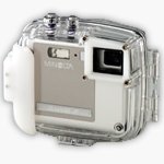 Minolta's MC-DG100 underwater housing for the DiMAGE X digital camera. Courtesy of Minolta, with modifications by Michael R. Tomkins.