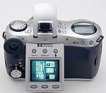 Hewlett-Packard's PhotoSmart 618 digital camera, upper rear view with LCD tilted.  Copyright (c) 2001, The Imaging Resource.  All rights reserved.