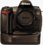 Nikon's D70 digital camera with third-party VG-D70 battery grip. Courtesy of Harbortronics, with modifications by Michael R. Tomkins.