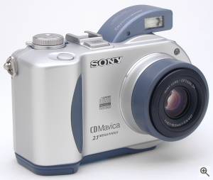 Sony's MVC-CD200 digital camera, front right quarter  view. Copyright (c) 2001, The Imaging Resource. All rights reserved. Click for a bigger picture!