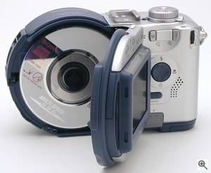 Sony's MVC-CD200 digital camera, rear view with CD-RW  drive door open. Copyright (c) 2001, The Imaging Resource. All rights reserved. Click for a bigger picture!