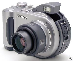 Sony's MVC-CD300 digital camera, front left quarter  view. Copyright (c) 2001, The Imaging Resource. All rights reserved. Click for a bigger picture!