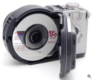 Sony's MVC-CD300 digital camera, rear view with CD-RW  drive door open. Copyright (c) 2001, The Imaging Resource. All rights reserved. Click for a bigger picture!