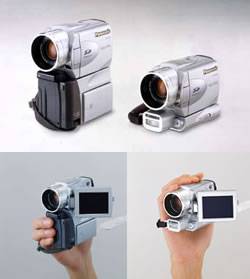 Panasonic's NV-EX21 digital still camera / digital video camcorder combo, shown in both still and video configurations. Courtesy of Matsushita Electronic Industrial Co. Ltd.