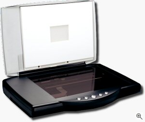 Visioneer's OneTouch 9320 USB scanner. Courtesy of Visioneer, with modifications by Michael R. Tomkins. Click for a bigger picture!