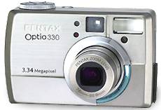 Pentax's Optio 330  digital camera, front view. Courtesy of Pentax.