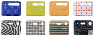 Eight faceplates for the Toshiba PDR-T10 digital camera. Courtesy of Toshiba America Information Systems Inc., with modifications by Michael R. Tomkins.