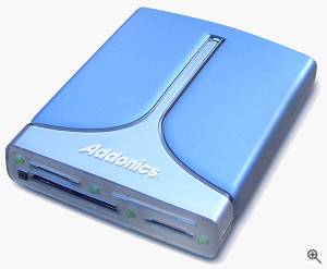 Addonics' Pocket DigiDrive flash media reader. Courtesy of Addonics, with modifications by Michael R. Tomkins. Click for a bigger picture!