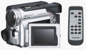 Panasonic's VDR-M20 DVD camcorder, shown alongside the remote controller. Courtesy of Panasonic, with modifications by Michael R. Tomkins.