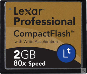 Lexar's 2GB 80X Lt CompactFlash card. Courtesy of Lexar, with modifications by Michael R. Tomkins. Click for a bigger picture!