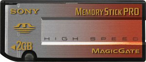 Sony's 2GB MagicGate Memory Stick PRO High Speed card. Courtesy of Sony, with modifications by Michael R. Tomkins. Click for a bigger picture!