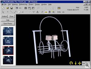EOS's PhotoModeler Pro 4.0, showing a 3D model with numerous curves generated from several photographs. Courtesy of EOS Systems Inc. - click for a bigger picture!