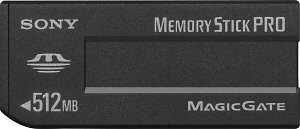 Sony's 512MB MagicGate Memory Stick PRO card. Courtesy of Sony, with modifications by Michael R. Tomkins. Click for a bigger picture!