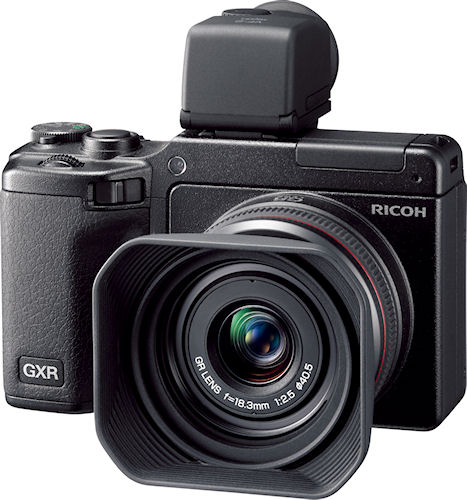 Ricoh's GR LENS A12 28 mm F2.5 module with lens hood, mounted on a GXR body. Photo provided by Ricoh Co. Ltd. Click for a bigger picture!