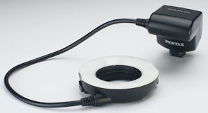 Pentax's AF160FC ring flash. Courtesy of Pentax, with modifications by Michael R. Tomkins. Click for a bigger picture!