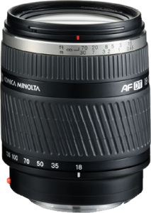 Konica Minolta's AF DT ZOOM 11-18mm F4.5-5.6 (D) lens. Courtesy of Konica Minolta, with modifications by Michael R. Tomkins. Click for a bigger picture!