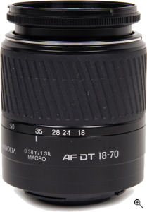 Konica Minolta's AF DT 18-70mm lens. Courtesy of Konica Minolta, with modifications by Michael R. Tomkins. Click for a bigger picture!