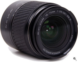 Konica Minolta's AF DT 18-70mm lens. Courtesy of Konica Minolta, with modifications by Michael R. Tomkins. Click for a bigger picture!