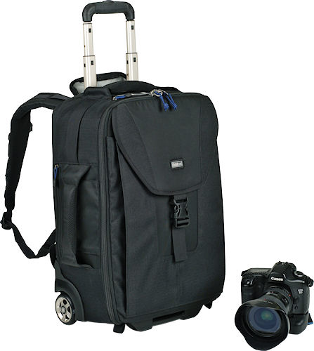 The Airport TakeOff rolling camera backpack, shown for scale alongside Canon's EOS 5D digital SLR with portrait grip and lens. Photo provided by Think Tank Photo. Click for a bigger picture!