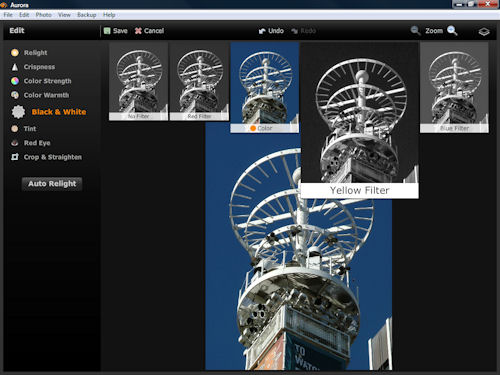 Filtering your black and white conversion is easy, thanks to the preview thumbnails. Screenshot copyright Â© 2009, Imaging Resource / Michael R. Tomkins. Click for a bigger picture!