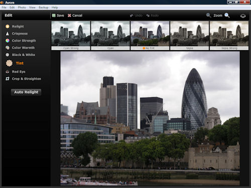 Images can be tinted either sepia or cyan, with two levels for each option. Screenshot copyright Â© 2009, Imaging Resource / Michael R. Tomkins. Click for a bigger picture!