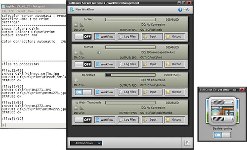 Server Automata 1.0 with log file and service control dialog. Screenshot provided by SoftColor Oy. Click for a bigger picture!