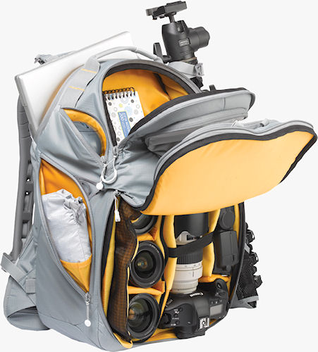 The Bumblebee-backpack, loaded with a Canon DSLR, four lenses, flash strobe, tripod, notebook computer and accessories. Photo provided by Kata Vitec Ltd. Click for a bigger picture!