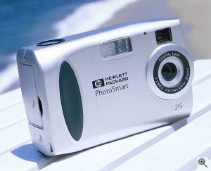Hewlett-Packard's C215 digital camera, front right quarter view. Courtesy of Hewlett-Packard Co. - click for a bigger picture!