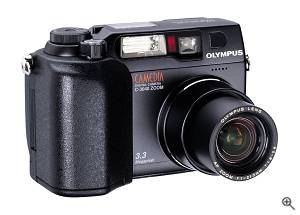 Olympus' C-3040 Zoom digital camera, front right quarter view. Courtesy of Olympus - click for a bigger picture!