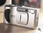 Hewlett-Packard's C315 digital camera, front left quarter view. Courtesy of Hewlett-Packard Co. - click for a bigger picture!