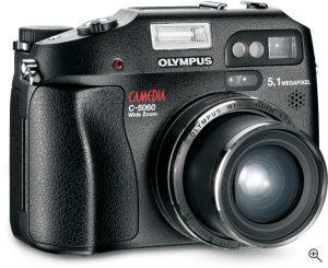 Olympus' C-5060 digital camera. Courtesy of Olympus, with modifications by Michael R. Tomkins. Click for a bigger picture!