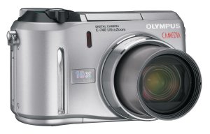 Olympus' C-740 Ultra Zoom digital camera. Courtesy of Olympus, with modifications by Michael R. Tomkins. Click for a bigger picture!