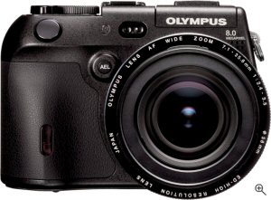 Olympus' Camedia C-8080 Wide Zoom digital camera. Courtesy of Olympus, with modifications by Michael R. Tomkins. Click for a bigger picture!