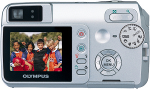 Olympus' Camedia D-595 Zoom digital camera. Courtesy of Olympus, with modifications by Michael R. Tomkins. Click for a bigger picture!