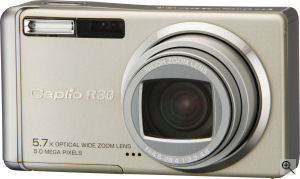 Ricoh's Caplio R3 digital camera. Courtesy of Ricoh, with modifications by Michael R. Tomkins. Click for a bigger picture!