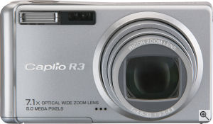 Ricoh's Caplio R3 digital camera. Courtesy of Ricoh, with modifications by Michael R. Tomkins. Click for a bigger picture!