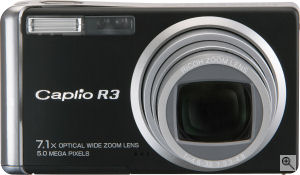 Ricoh's Caplio R3 digital camera. Courtesy of Ricoh, with modifications by Michael R. Tomkins. Click for a bigger picture!