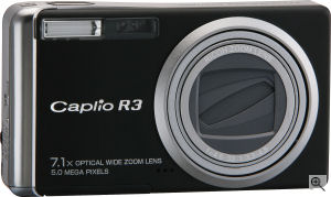 Ricoh's Caplio R3 digital camera. Courtesy of Ricoh, with modifications by Michael R. Tomkins. Click for a bigger picture!