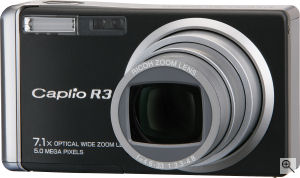 Ricoh's Caplio R3 digital camera. Courtesy of Ricoh, with modifications by Michael R. Tomkins. Click for a bigger picture!