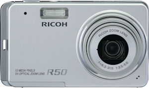 Ricoh's Caplio R50 digital camera. Courtesy of Ricoh, with modifications by Michael R. Tomkins. Click for a bigger picture!