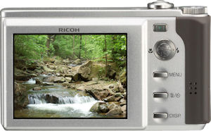 Ricoh's Caplio R8 digital camera. Courtesy of Ricoh, with modifications by Michael R. Tomkins. Click for a bigger picture!