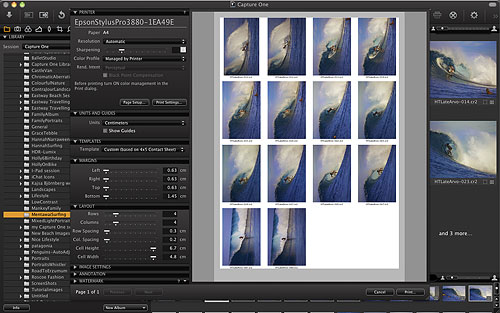 Capture One 6 now offers color-managed printing with customized layouts, cropping, watermarking, and the ability to include metadata. Screenshot provided by Phase One A/S. Click for a bigger picture!