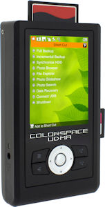 Sanho's HyperDrive COLORSPACE UDMA image storage device. Courtesy of Sanho, with modifications by Michael R. Tomkins. Click for a bigger picture!